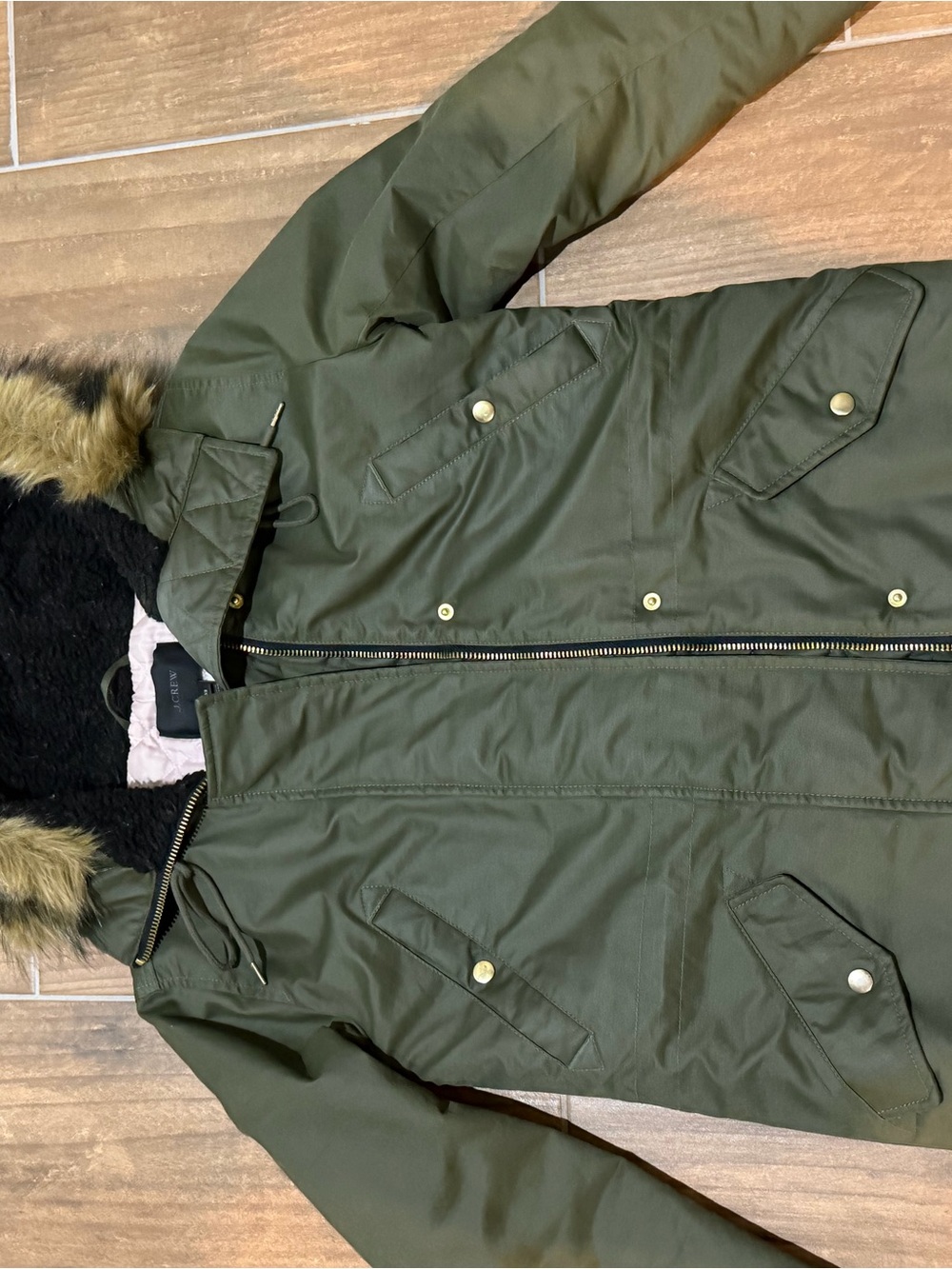 J. Crew Olive Green Military Field Parka with Faux Fur Hood Primaloft xs